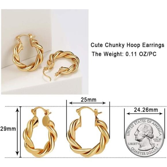 Twisited Gold Chunky Hoop Earrings For Women 14K Gold Plated High Polished - Picture 13 of 14